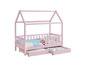 Een roze kinderbed met een huisvormig frame en twee lades.