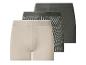 Set van drie herenboxershorts: één beige, één grijs gestreept en één effen grijs.