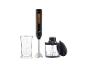 Zwarte staafmixer met houten details, maatbeker en hakmolen met deksel.