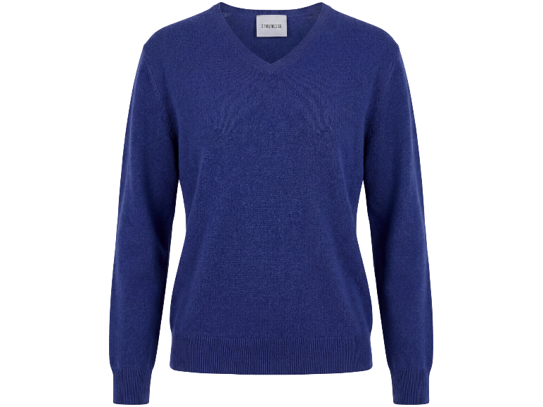 Blauwe damestrui met V-hals.