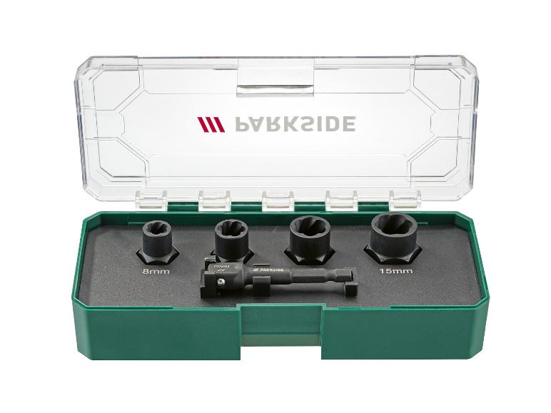 Parkside schroefverwijderset met 8 mm en 15 mm doppen in een groene koffer.