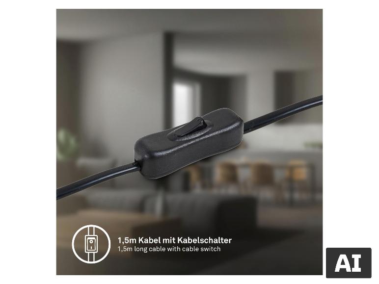 Gedetailleerd overzicht: Snoerschakelaar van de BRILONER GRYDE Tischleuchte 1-flammig tafellamp met de tekst: 1,5m long cable with cable switch [afbeelding AI-gegenereerd]
