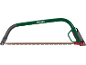 Groene en zwarte beugelzaag met bruin blad en rood handvat.