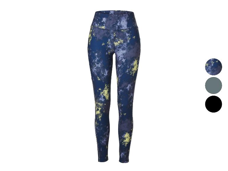 CRIVIT dames functionele legging met blauw, paars en geel patroon.
