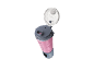 Draagbare blender met roze smoothie, open deksel en maatstreepjes.