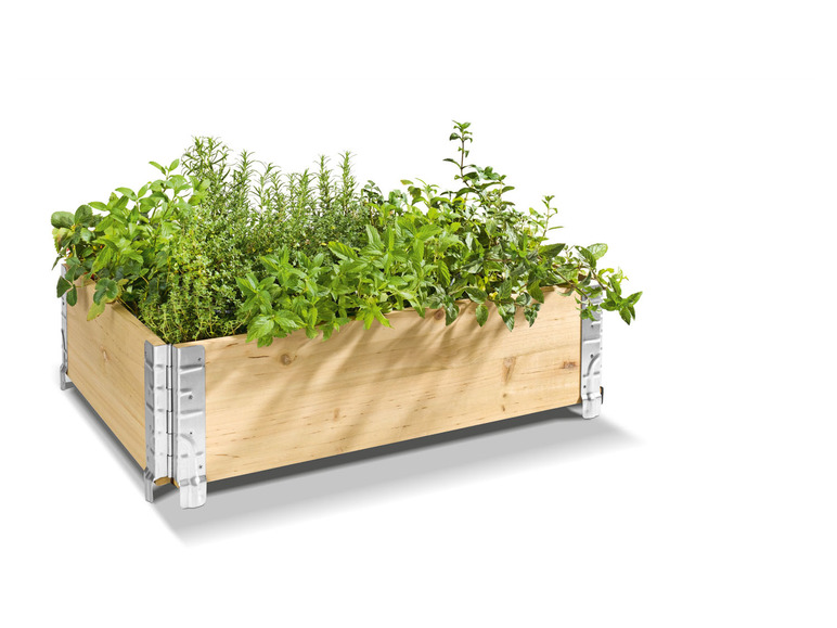 Een houten plantenbak met verschillende kruiden.