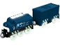 Blauwe speelgoedtrein met E-42 locomotief en goederenwagon, met lichtgevende wielen.