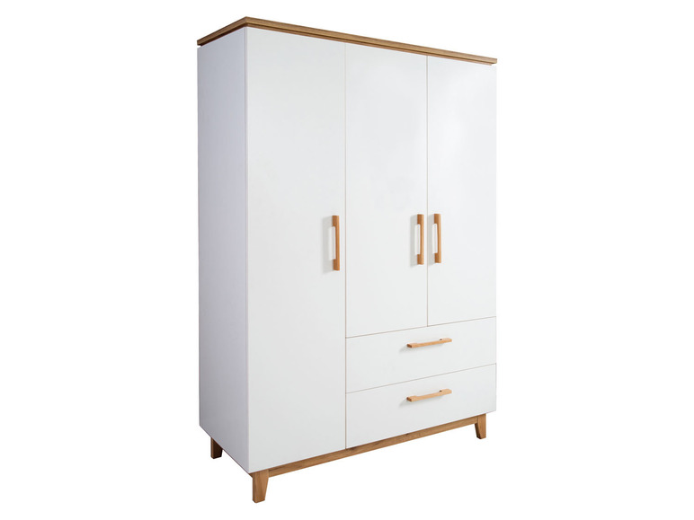 Een witte kledingkast met twee deuren en twee laden.
