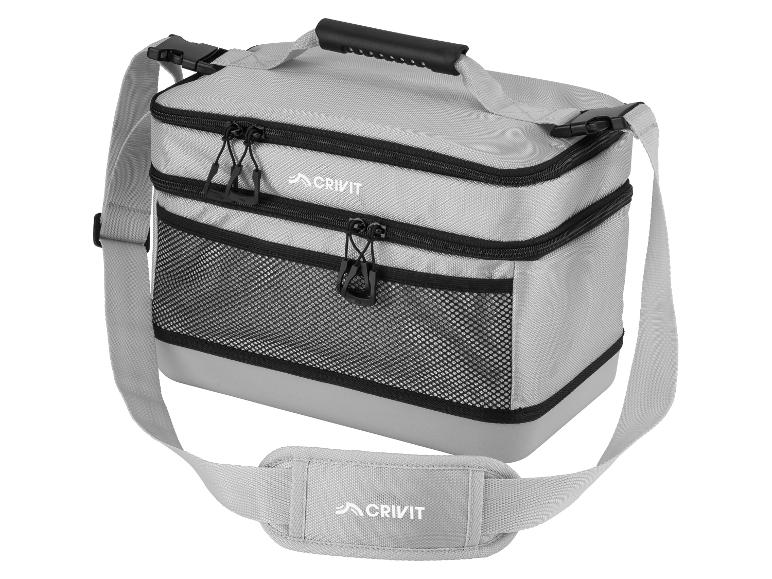 Grijze koeltas met twee compartimenten, handvat en schouderriem.