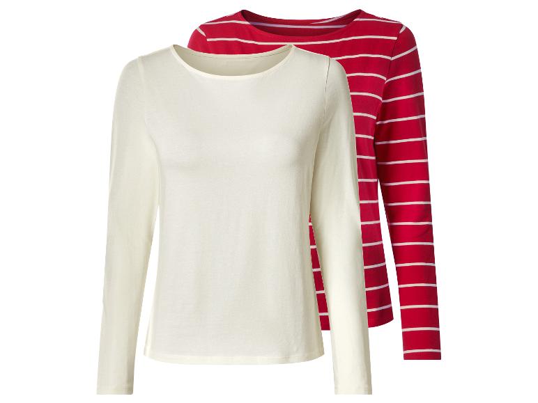 Set van twee dames T-shirts met lange mouwen: één effen wit en één rood met witte strepen.