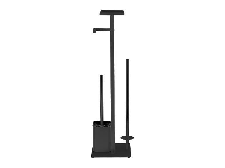 Zwarte metalen houder voor toiletpapier, borstel en extra rollen.