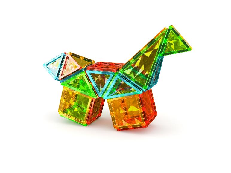 Kleurrijke, transparante magnetische bouwblokken in de vorm van een hond.