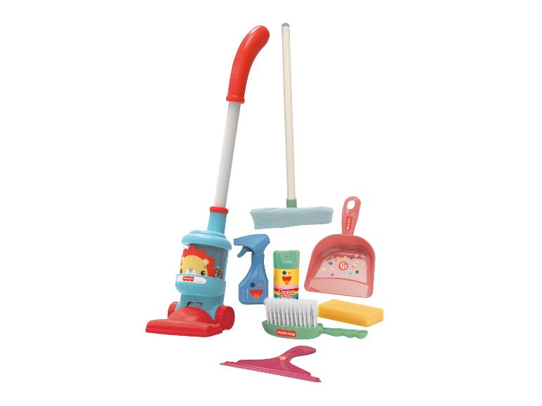 Speelgoed schoonmaakset met rode stofzuiger, bezem, stoffer en blik, schoonmaaksprays en spons.