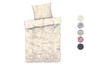 Beige dekbedovertrek met witte bloemenprint.