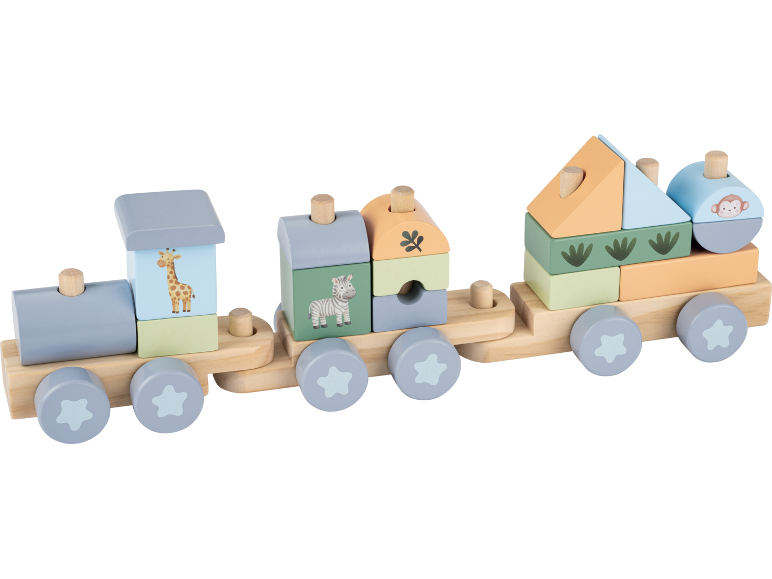 Houten trein met savanne bouwblokken, inclusief een giraffe, zebra en aap.