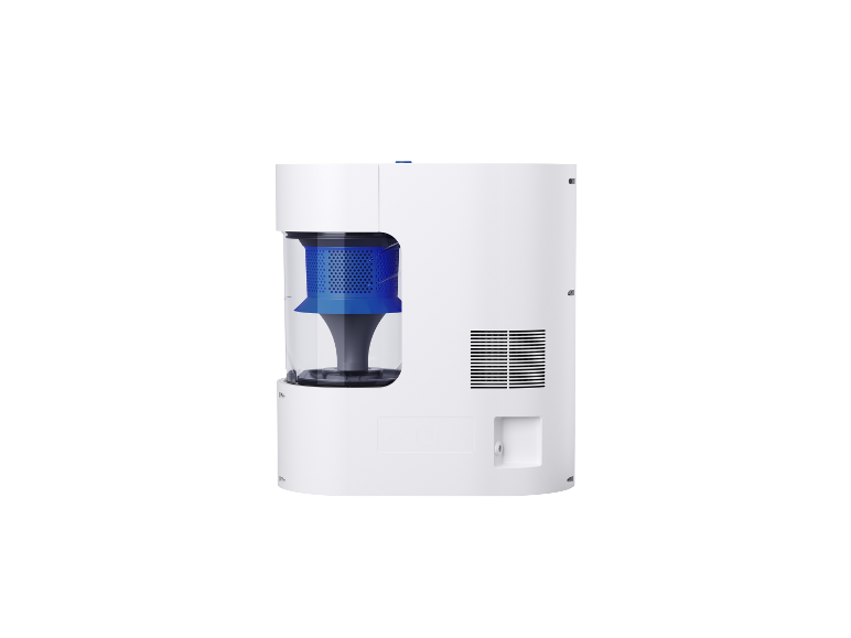 Witte luchtreiniger met zichtbaar blauw filter.