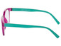 Een roze en turquoise bril met glazen.