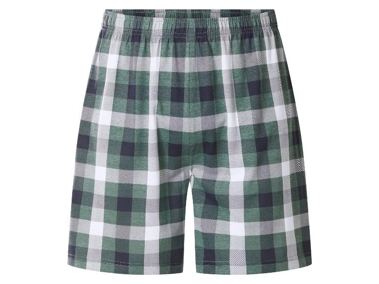 Groene, witte en donkerblauwe geruite shorts met elastische tailleband.