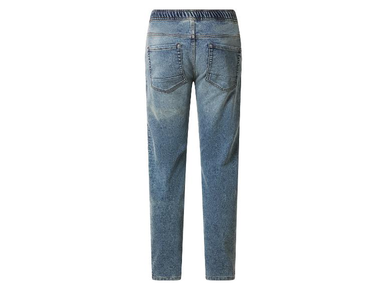 Blauwe denim kinderjeans met elastische tailleband, achteraanzicht.