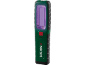Groen-zwarte werklamp met paarse verlichting, rode aan/uit-knop en batterij-indicator.