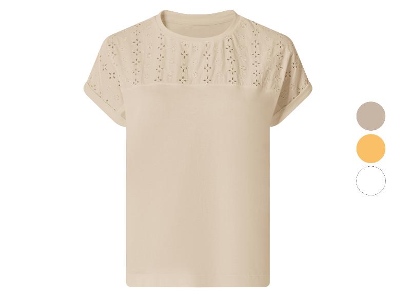 Beige T-shirt met korte mouwen en opengewerkt borduurwerk, met kleuropties.