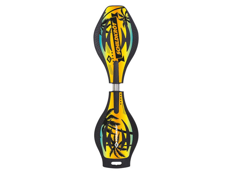 Een geel Schildkröt skateboard met palmbomen.