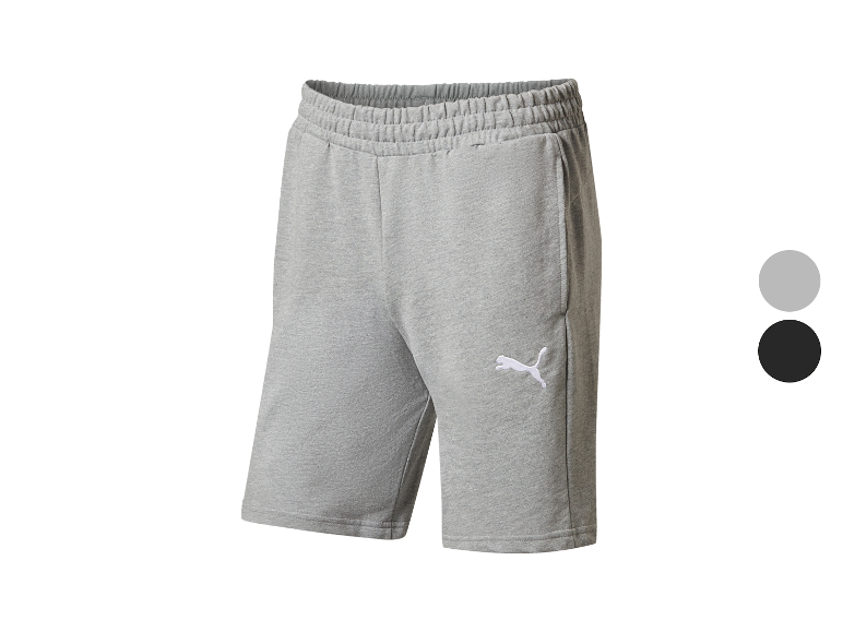 Grijze sportshorts met elastische tailleband en wit logo.