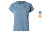 Blauw dames T-shirt met geborduurde details op de schouders en mouwen.