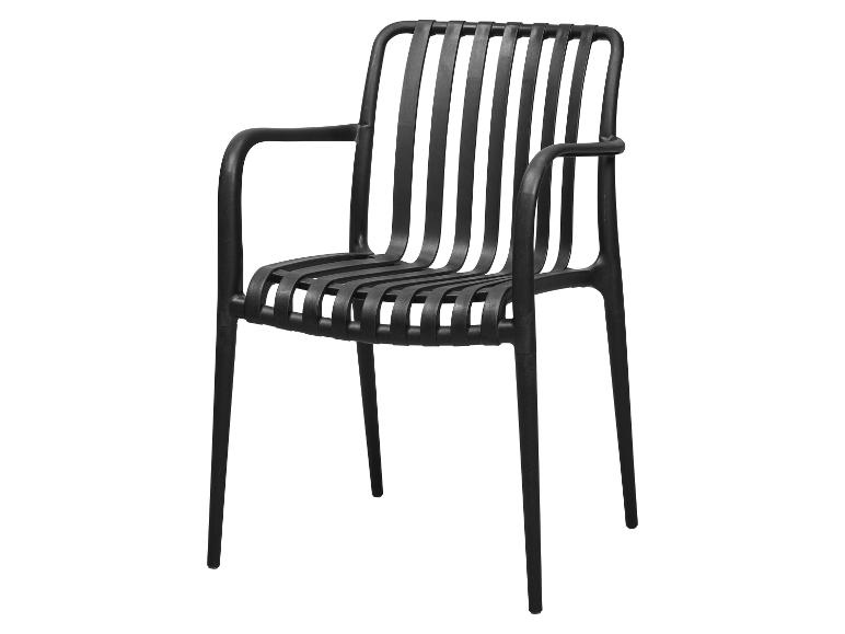 Zwarte buitenstoel met armleuningen en lattenzitting en rugleuning