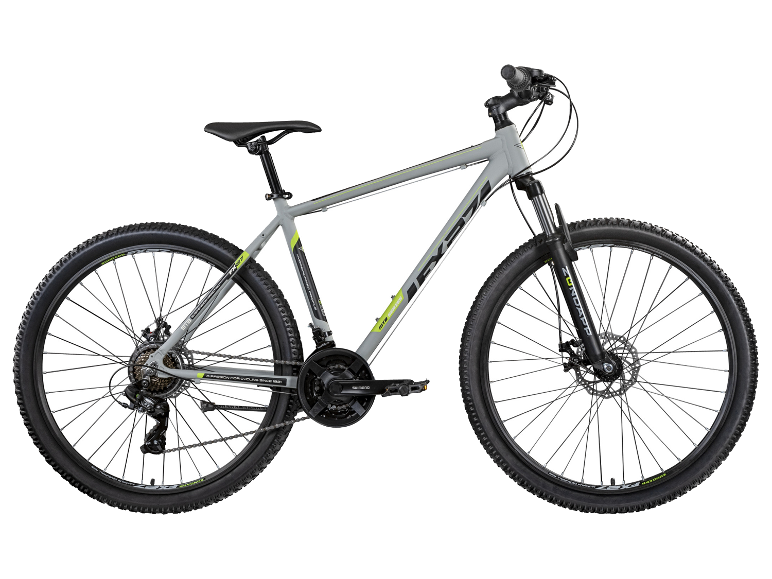 Grijze Zündapp MTB-fiets met neongele accenten en Shimano-onderdelen.