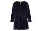 Donkerblauwe fluwelen jurk met lange mouwen en ruches