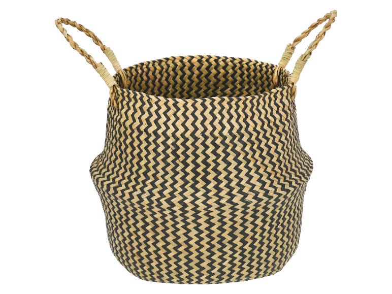 Gevlochten mand met zwart-beige zigzagpatroon en handvatten