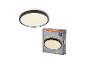 Ronde LED plafondlamp en de verpakking, met details over lichtopbrengst en kleurtemperatuur.
