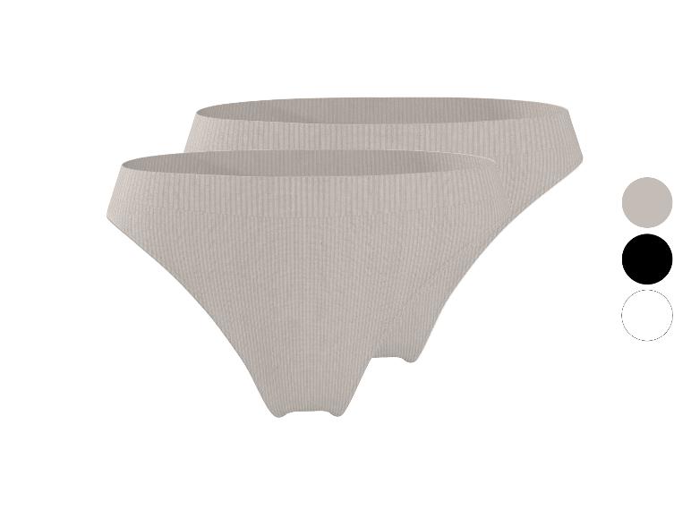 Verpakking van twee geribbelde katoenen slips voor dames in beige, met zwarte en witte kleuropties.