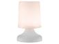 Witte tafellamp met een lichtgevende cilindrische kap en een afgeronde voet.