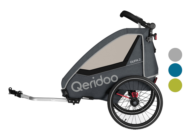 Een Qeridoo Qupa 2 fietskar met een grijs en beige ontwerp.