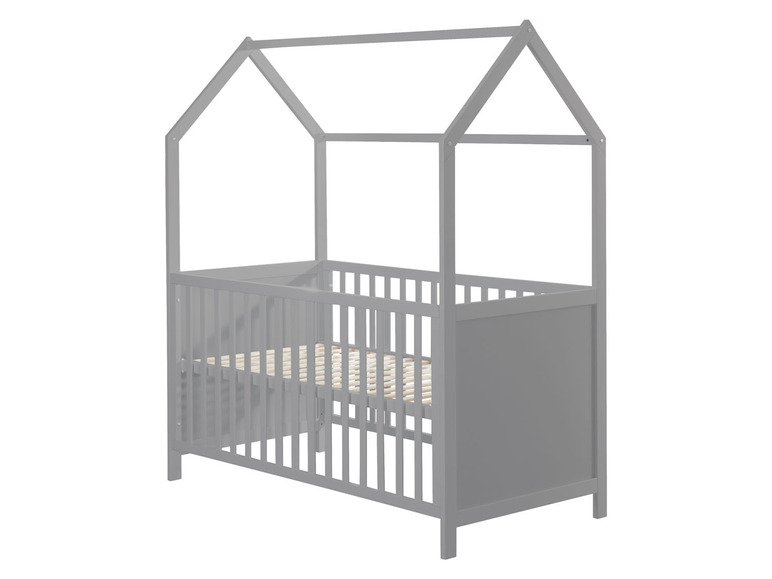 Een grijs houten kinderbed met een huisvormig dak.