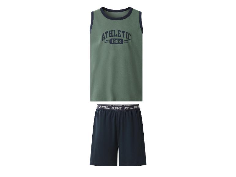 Heren pyjamaset in groen en marineblauw met tanktop en korte broek, met het woord 'ATHLETIC' en het jaartal '1986'.