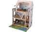 Groot houten poppenhuis met zwembad, meubels en figuren.