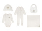 Babyset met romper, muts, slab en doek met 'Hello' print.