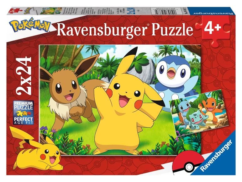 Een Ravensburger puzzel met 24 stukjes van Pikachu, Eevee en andere Pokémon.