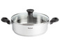Een stalen pan met glazen deksel van Tefal.