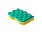 Een gele en groene afwasspons met een golvend oppervlak.