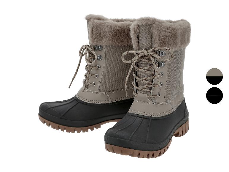 Paar dames winterlaarzen met imitatiebont, veters en een tweekleurig ontwerp.
