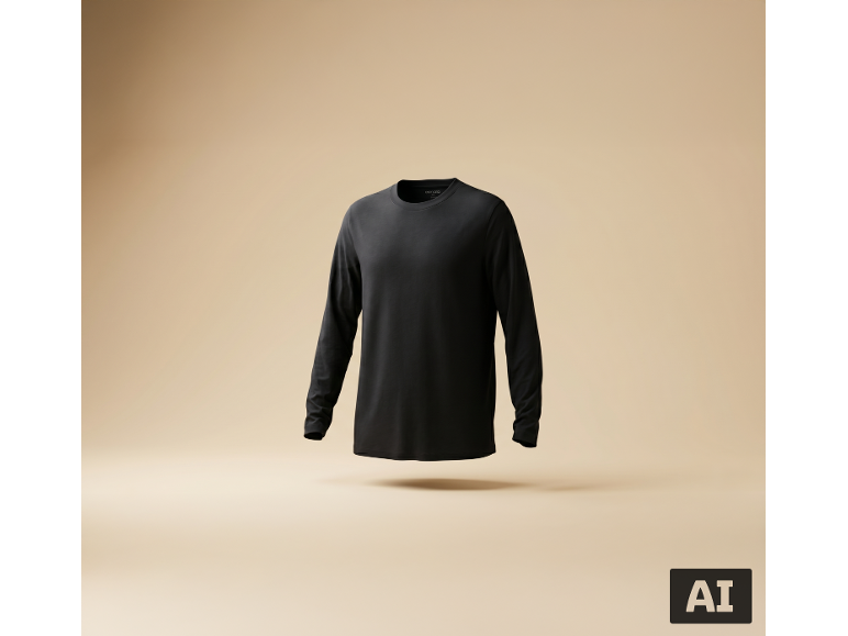 Zwart herenshirt met lange mouwen, zwevend tegen een beige achtergrond.