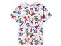 Wit T-shirt met korte mouwen, kleurrijk superheldenpatroon en 'Avengers Assemble'-tekst.