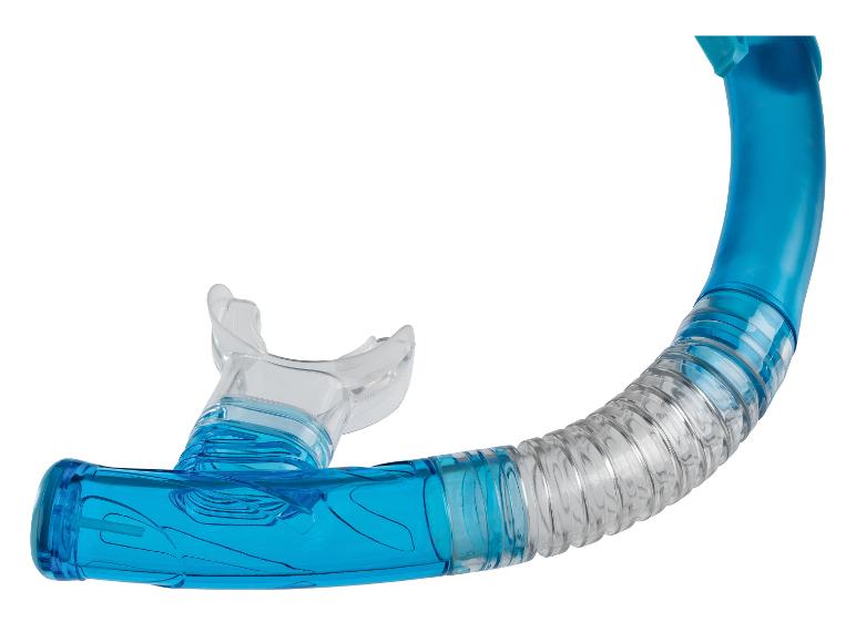 Blauwe transparante snorkel met mondstuk.