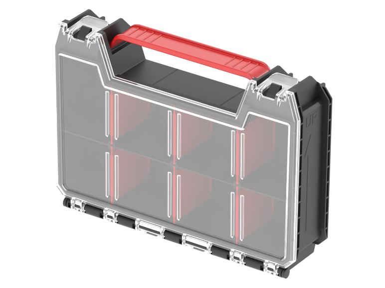 Transparante gereedschapsorganizer met rood handvat en zes vakken.