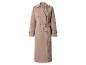 Lange beige double-breasted trenchcoat met strikceintuur.