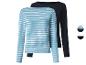 Twee dames longsleeves: één gestreept turquoise en wit, en één zwart.